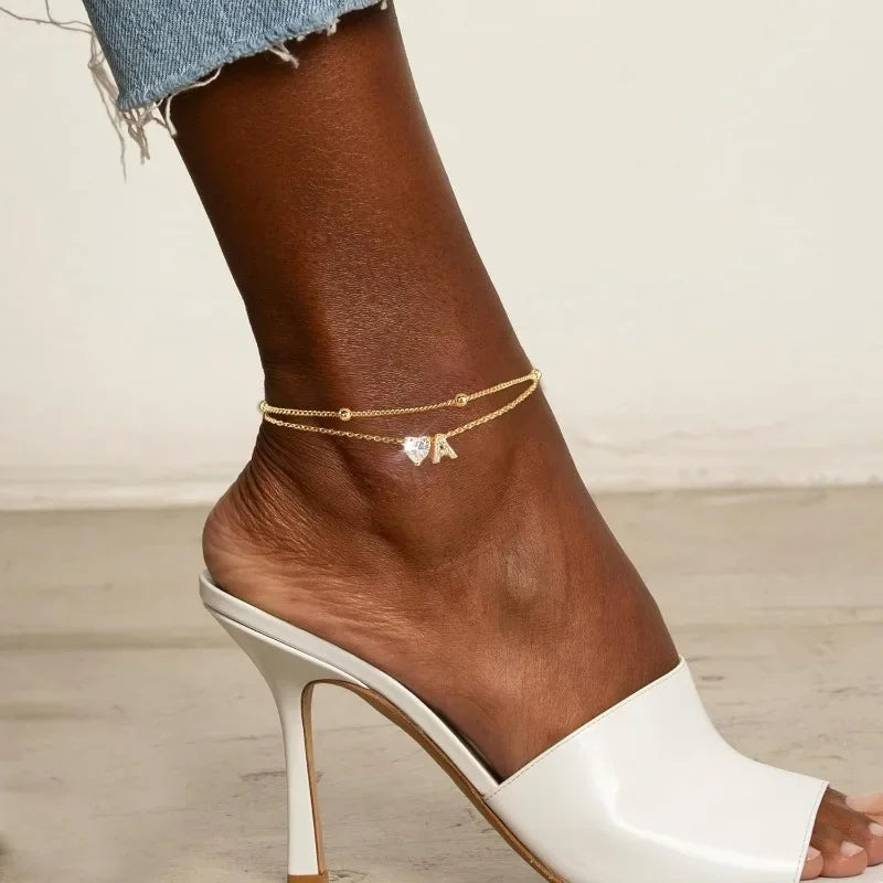 Waterproof cz Ankle Bracelets for Women  14K Gold Plated CZ Initial Dainty Layered Heart Anklets Foot Chain Summer Beach Jewelry