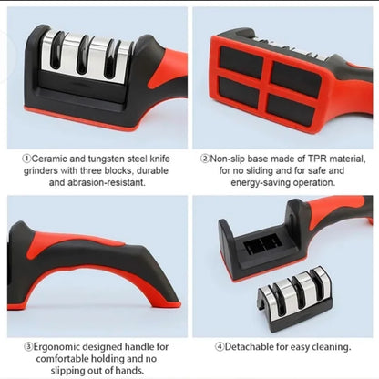 3-Stage Knife Sharpener Set - Diamond & Ceramic Rods for Kitchen, Hunting, Pocket Knives, Fast Edge Repair with Non-Slip Base (B