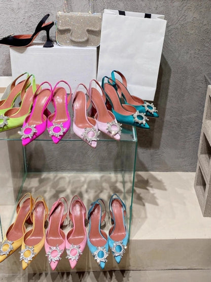 2025 European and American Women's New Silk Sunflower Crystal Diamond Buckle High Heels Horseshoe Heel Women's Sandals