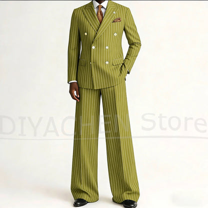 Men's Striped Double Breasted Suit Set Fashion Peak Lapel Formal Outfits 2 Piece Wedding Business Events Casual Male Suit