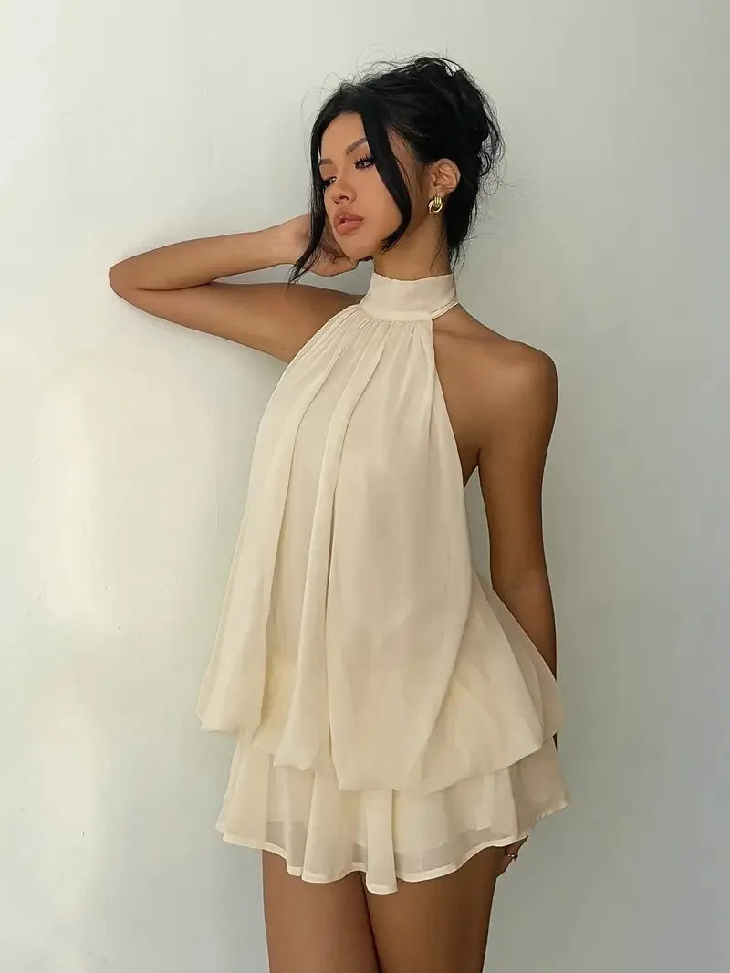 2026 Women's Elegant Halter Neck Sleeveless Ruffled Layered Chiffon Mini Dress Casual Summer Party Dress for Beach Vacation Y2K