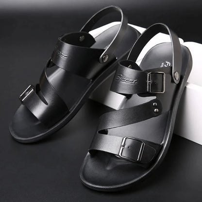 Fashion Sandals Male Solid Color PU Leather Men Shoes Summer Comfortable Open Toe Leather Mens Sandals Beach Leather Footwear