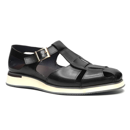 XEBOS Men's Sandals Genuine Leather Cowhide Summer Outdoor Flat Shoes Casual Sneakers Buckle Strap Black Brown Male Footwear