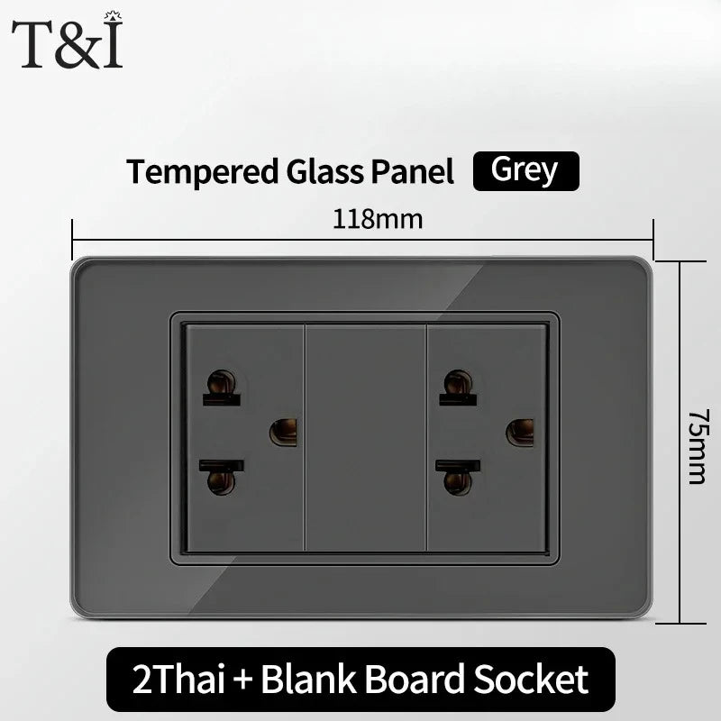118*75mm TEMPERED GLASS SWITCH PANEL Wall Socket with USB Type - C, Grey US Switch, Thai Plug for Home & Office Use