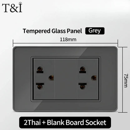 118*75mm TEMPERED GLASS SWITCH PANEL Wall Socket with USB Type - C, Grey US Switch, Thai Plug for Home & Office Use