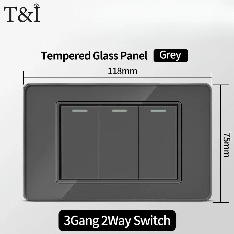 118*75mm TEMPERED GLASS SWITCH PANEL Wall Socket with USB Type - C, Grey US Switch, Thai Plug for Home & Office Use