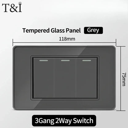 118*75mm TEMPERED GLASS SWITCH PANEL Wall Socket with USB Type - C, Grey US Switch, Thai Plug for Home & Office Use