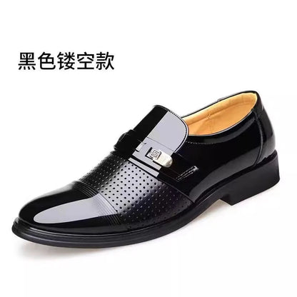 Mens Formal Two Tone Patent Leather Loafers Pointed Toe Slip On Shoes With Metal Buckle Low Heel Comfortable Non Slip Breathable