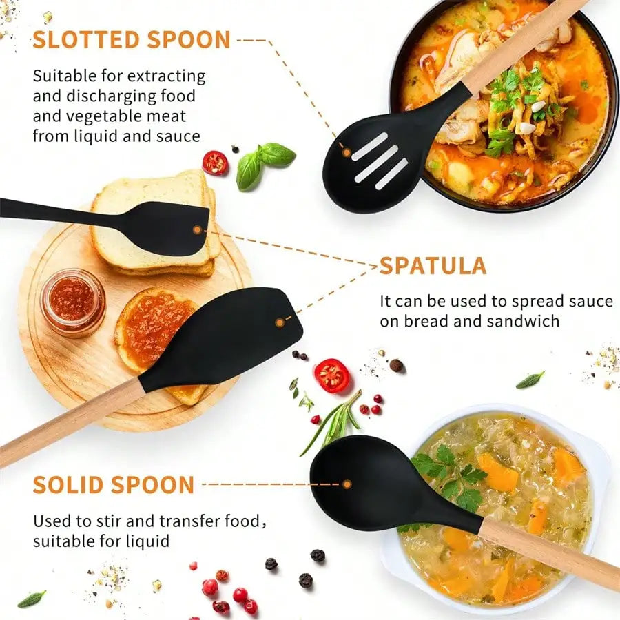 12 Piece Silicone Cooking Kitchen Utensils Set With Wooden Handle, Silicone Flip Flop Tongs Spatula Spoon Kitchen Utensils Set F