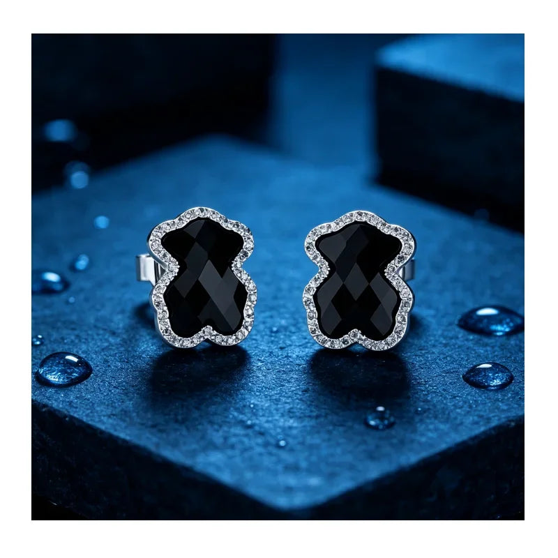 Crystal Halo Black Bear Stud Earrings