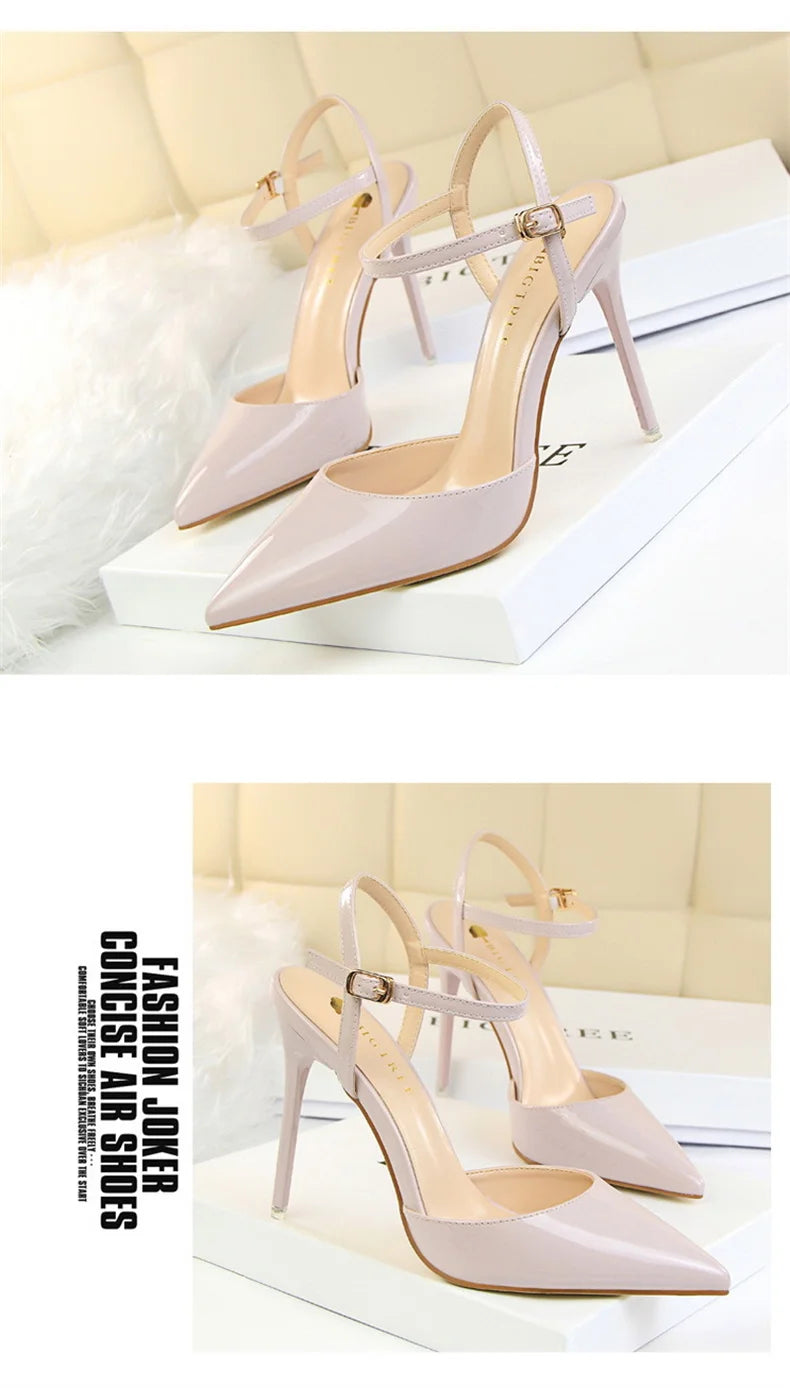Women High Heels Sandals Metallic Gray Patent Leather Stripper Ankle Strap Wedding Nightclub Pointed Toe Party Valentine 86-1