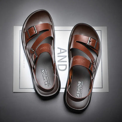 Fashion Sandals Male Solid Color PU Leather Men Shoes Summer Comfortable Open Toe Leather Mens Sandals Beach Leather Footwear