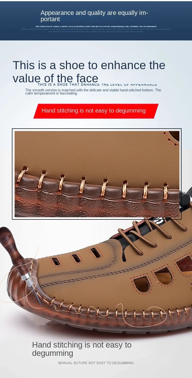 Men's Soft Leather 2024 Summer Men Leather Sandals Breathable Non-slip Cow Tendon Sole Casual Leather Shoes Outdoor Beach Shoes