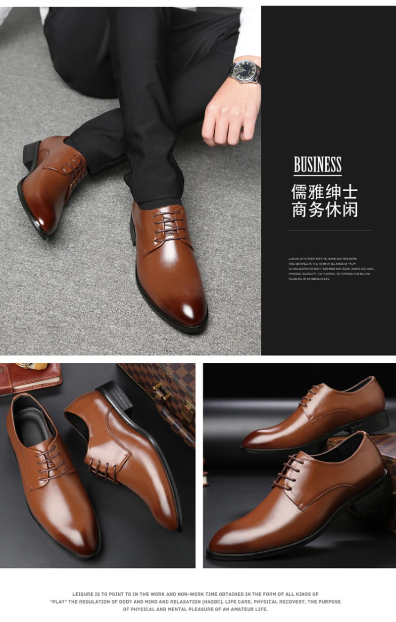 Mens Breathable Leather Dress Shoes Formal Business Footwear Pointed Toe Lace Up Flat Sole Groom Wedding Shoes Simple Leisure
