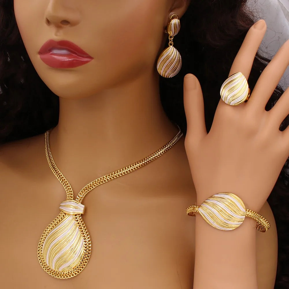 GZJPEI Two Tone Jewelry Set Gold Plated Big Pendant Necklace Bracelet Water Drop Earring Ring For Women Wedding Gifts 2025 New