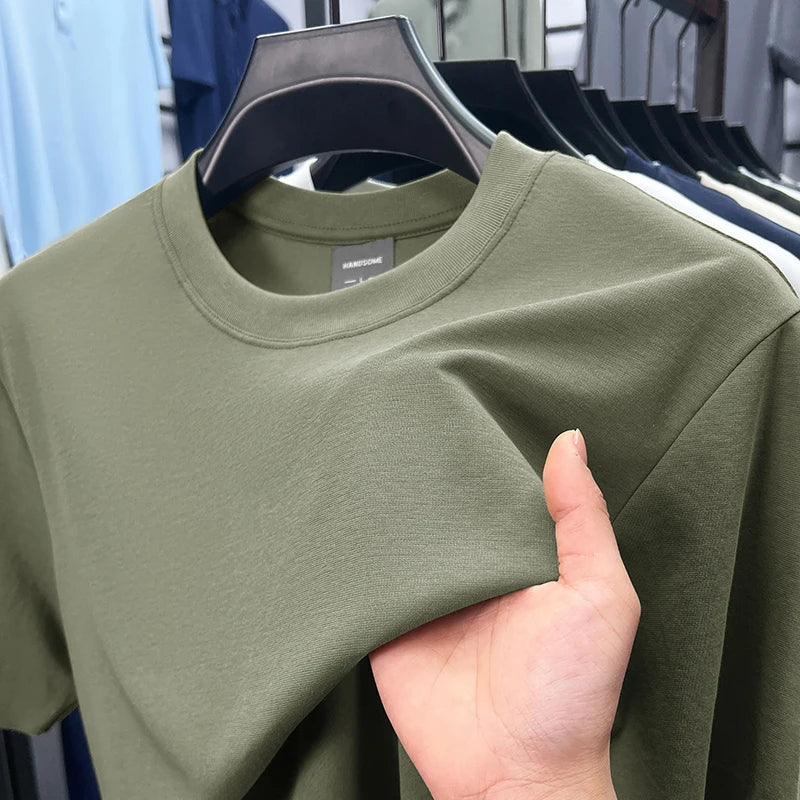 High quality luxury short sleeve T-shirt summer breathable cool silk cotton fashion solid color round neck top casual men's wear