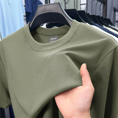 High quality luxury short sleeve T-shirt summer breathable cool silk cotton fashion solid color round neck top casual men's wear