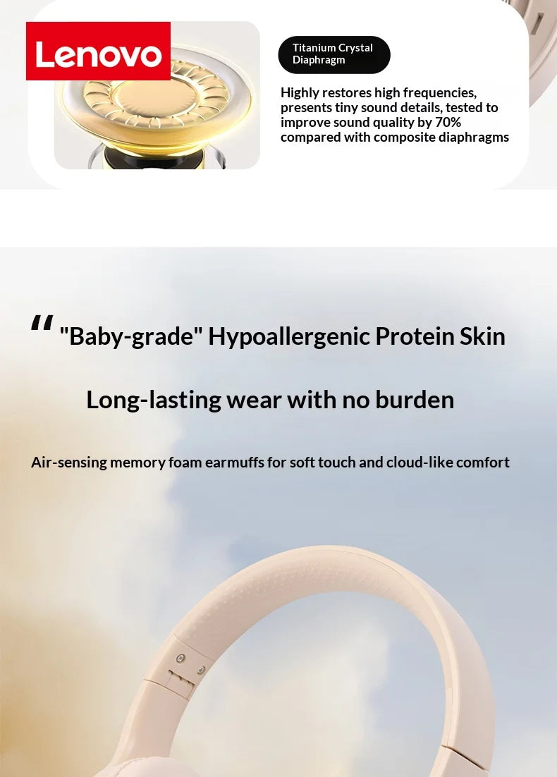 Lenovo Original Bluetooth 5.3 Earphones Over-ear Foldable Computer Wireless Headphones Gaming Headset 360° Stereo Sound Headset