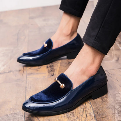 Mens Formal Navy Blue Velvet Patent Leather Loafers With Gold Horsebit Accent Flat Heel Comfortable Non Slip Breathable Business