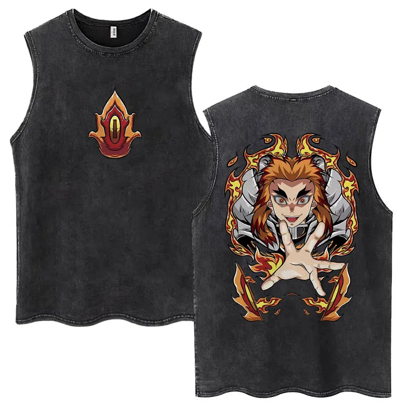 Washed Anime Demon Slayer Hashibira Inosuke Mask Face Tank Tops Men Women Vintage Fashion Cotton Sleeveless T Shirts Streetwear