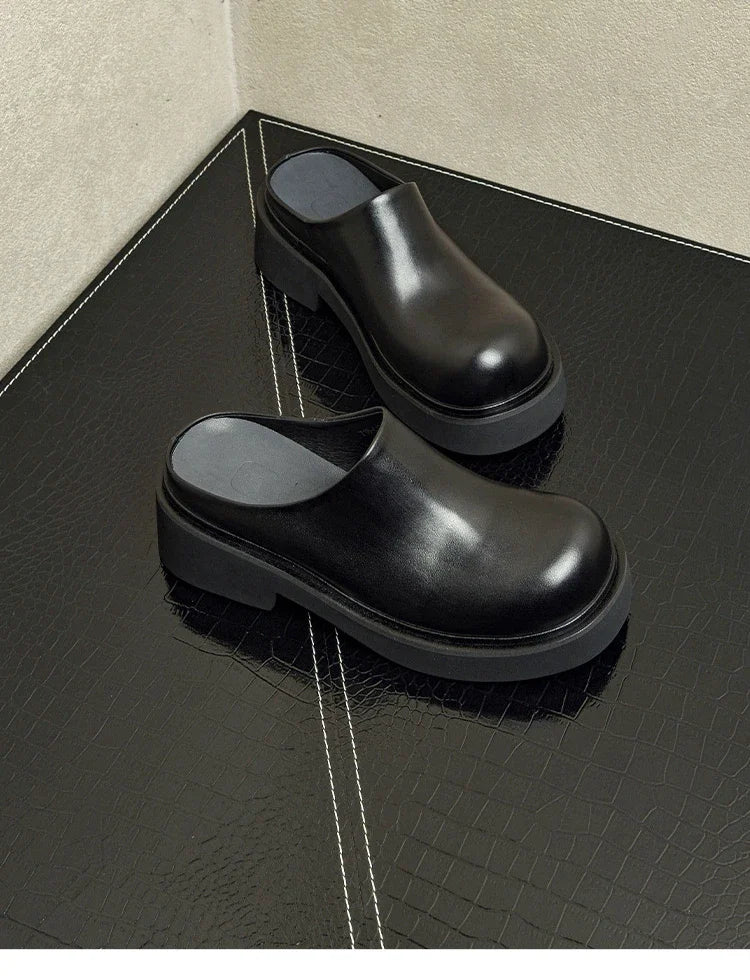 2024 Summer Mens Platform Business Half Shoes Luxury Genuine Leather 6 Cm High Heels Outdoor Social Party Slippers Sandals Man