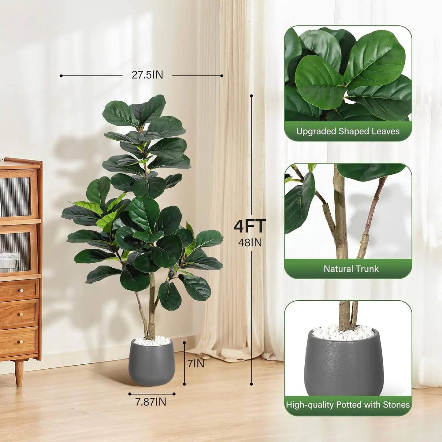 4-7 FT Fiddle Leaf Fig Tree Artificial Realistic Faux Ficus Lyrata Trees in White Planter Pot, Fake Floor Plants for Home Garden