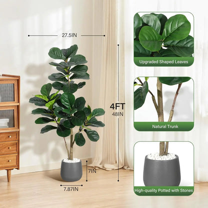 4-7 FT Fiddle Leaf Fig Tree Artificial Realistic Faux Ficus Lyrata Trees in White Planter Pot, Fake Floor Plants for Home Garden