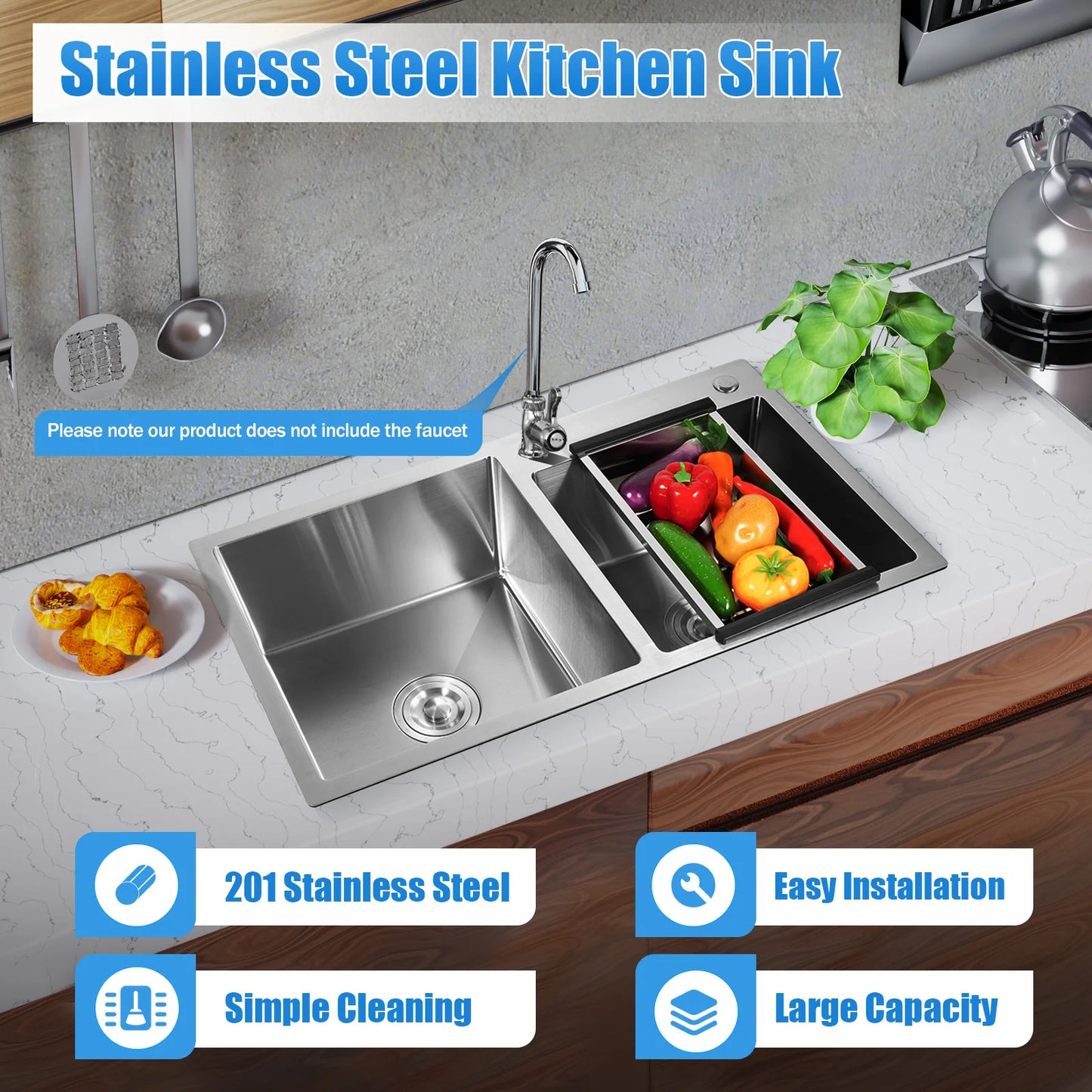 Stainless Steel Double Sink Wash Dishes With Drainer Deep Hidden Sink Bathroom Kitchen Accessories Household Items