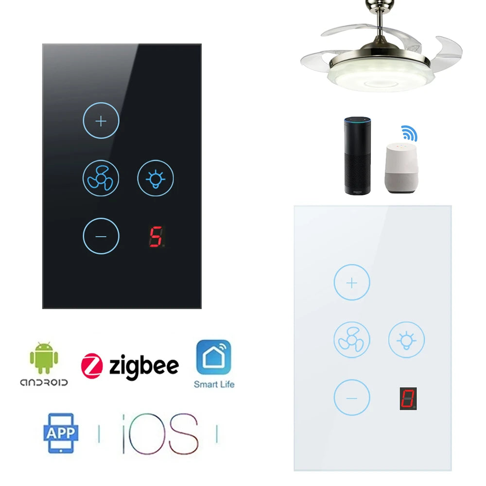 tuya Zigbee Smart fan switch Network connection APP remote control Alexa and Google Assistant AC110V 220V voice control