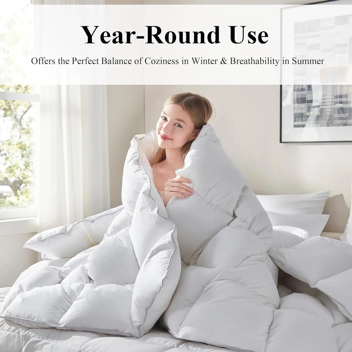 750+ Fill Power Goose Down Fiber Comforter Queen Size - All Season White Fluffy Duvet Insert, Medium Warmth 90x90 Inch