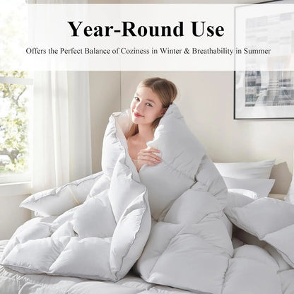 750+ Fill Power Goose Down Fiber Comforter Queen Size - All Season White Fluffy Duvet Insert, Medium Warmth 90x90 Inch