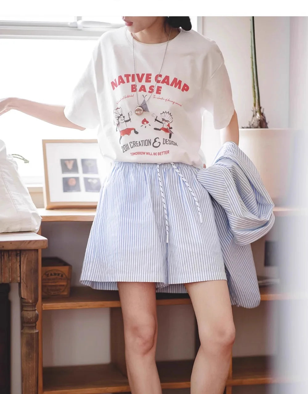 Maden Women's Blue White Striped Shirt and Shorts Sets Loose Casual French Classic Summer Suit Elegant Matching Two Piece Set