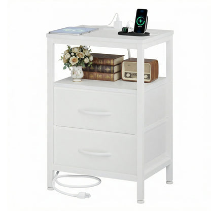 JHK 2 Fabric Drawers Night Stand with Open Shelf Bedside Table with USB Ports Charging Station Storage End Table for Living Room