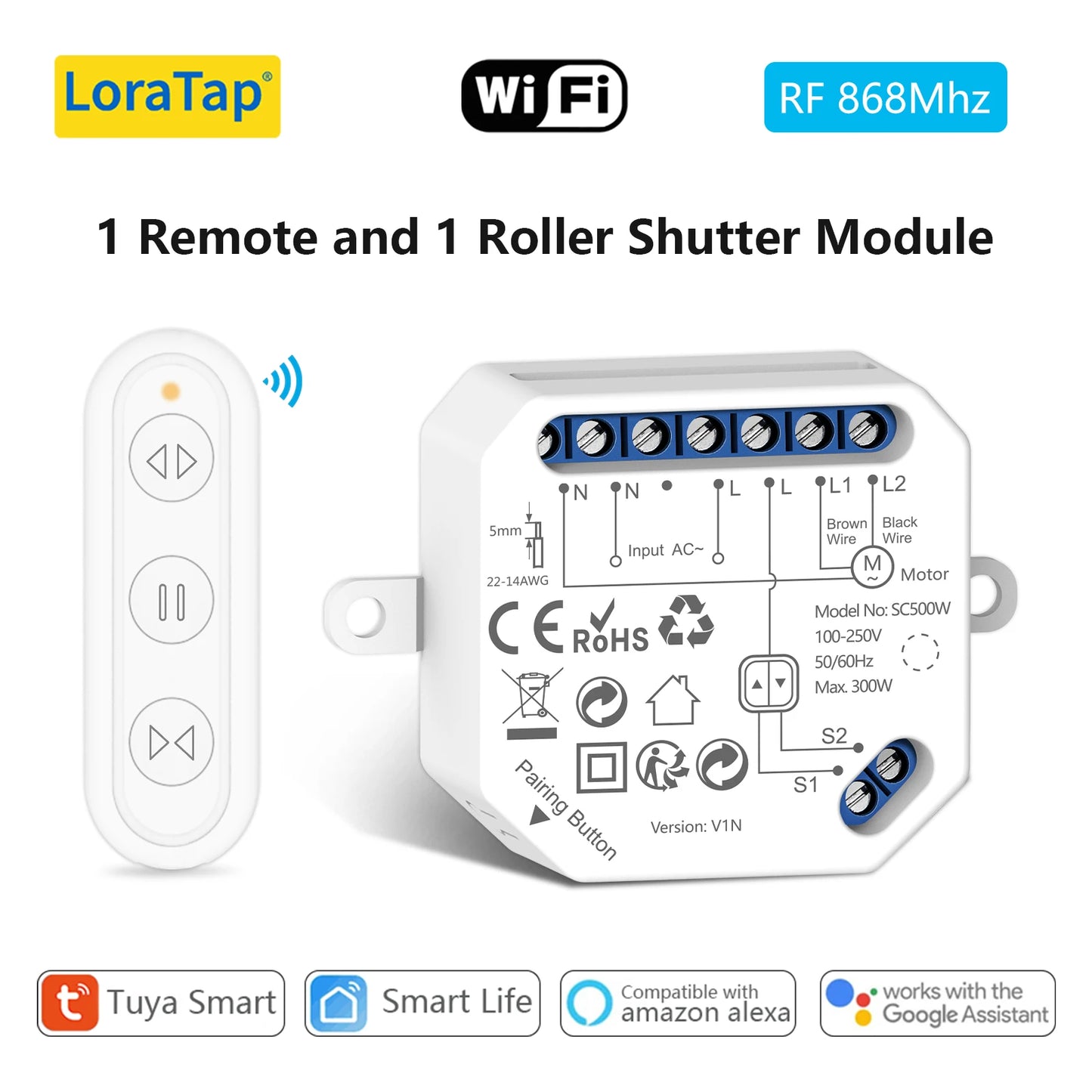 LoraTap WiFi Smart Curtain Switch Module Remote Control & Timer Works with Tuya Smart Life Google Home Alexa for Roller Blinds