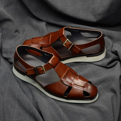 XEBOS Men's Sandals Genuine Leather Cowhide Summer Outdoor Flat Shoes Casual Sneakers Buckle Strap Black Brown Male Footwear