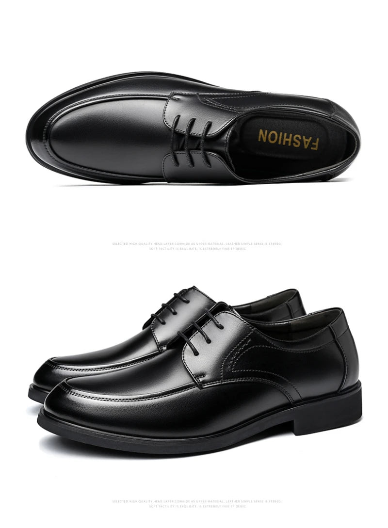 Mens Black Genuine Leather Lace Up Chunky Platform Oxfords Formal Business Office Groom Wedding Daily Wear Shoes Fashion Simple