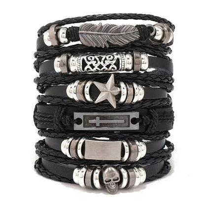 Fashion Bracelet Viking  Bracelet For Men Hand Bracelets Woven Skull Hand Jewelry Adjustable Leather Set viking man bracelet