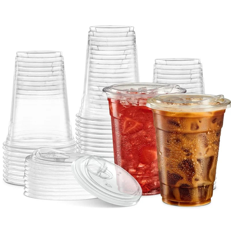10-Pack Disposable Clear Plastic Coffee Cups with Lids - Food-Grade Leak-Resistant for Hot/Cold Drinks Home Office Parties