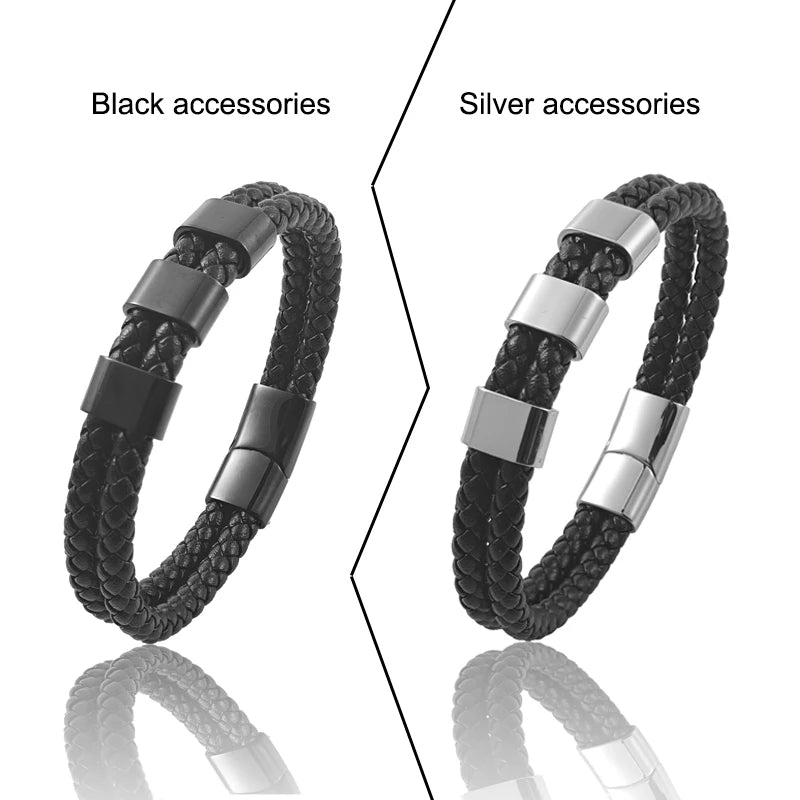 Customized Family Name Double Layer Stainless Steel Leather Bracelet Lock Bangle with Square Charm Men's Punk Jewelry Gifts