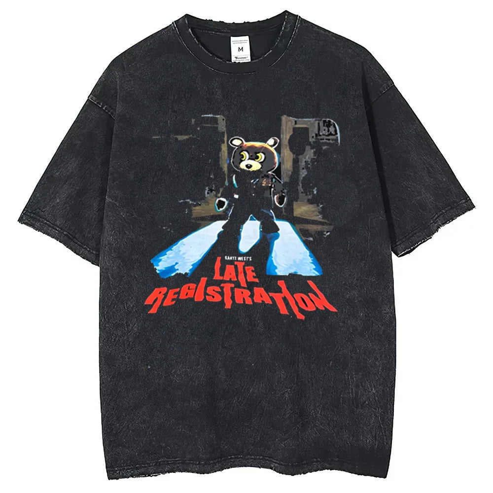 Rapper Kanye West Late Registration Tour 2005 Vintage Man Short Sleeve Tee Washing T Shirt Hip Hop Streetwear T-shirts