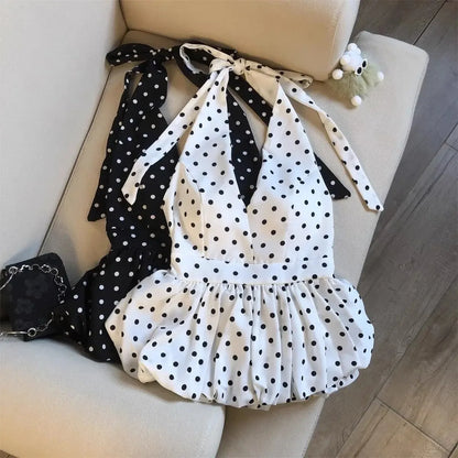 Backless Sexy Halter Beach Babydoll Crop Tops Women Polka Dots V Neck Sleeveless T Shirt Ruffles Basic Tees Not-Padded Pad