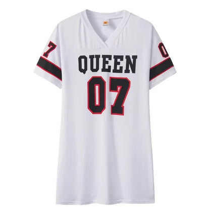 2025 New Fashion V-Neck Queen Letters Print Dress Short Sleeve Basketball Sporty Style Sexy Loose Female Clothing Streetwear