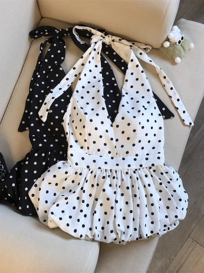Backless Sexy Halter Beach Babydoll Crop Tops Women Polka Dots V Neck Sleeveless T Shirt Ruffles Basic Tees Not-Padded Pad