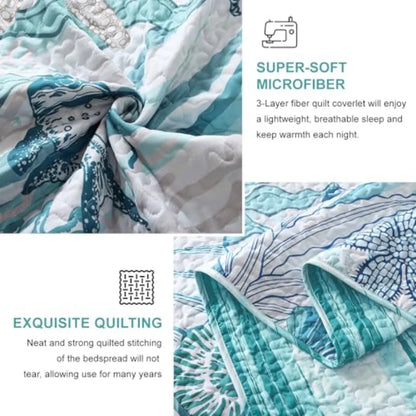 Coastal Quilts Bedding Set Size, Summer Green Fish Coral Nautical Bedding Quilt Set with Pillow Cases, Ocean Beach Reversible B