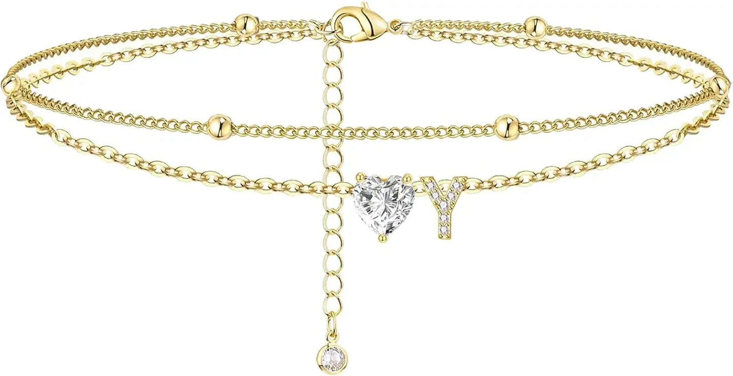 Waterproof cz Ankle Bracelets for Women  14K Gold Plated CZ Initial Dainty Layered Heart Anklets Foot Chain Summer Beach Jewelry