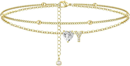Waterproof cz Ankle Bracelets for Women  14K Gold Plated CZ Initial Dainty Layered Heart Anklets Foot Chain Summer Beach Jewelry