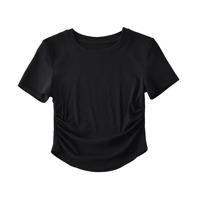 2024 Harajuku Women Crew Neck Short Sleeve Cotton Tee With Ruched Sides Detail T-shirts