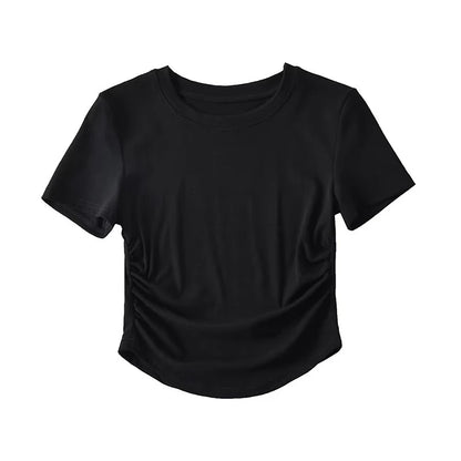 2024 Harajuku Women Crew Neck Short Sleeve Cotton Tee With Ruched Sides Detail T-shirts
