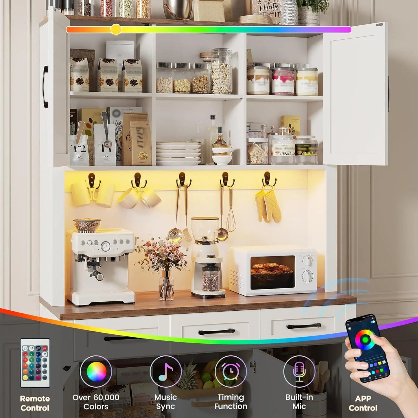70.9" Tall Kitchen Pantry Cabinet with LED Light & Charging Station, Farmhouse Kitchen Hutch with Large Countertop & 10, Custom