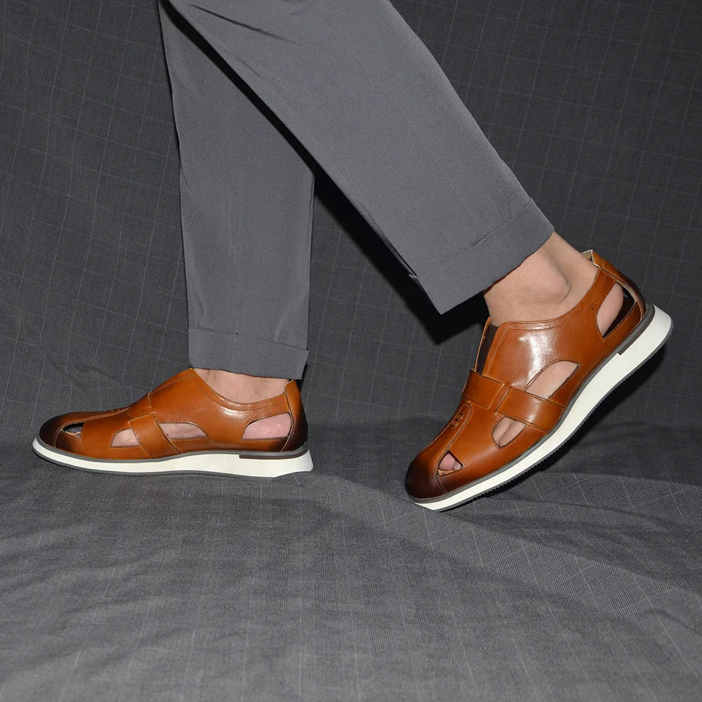 Classic Arabic Style Mens Sandals Genuine Cow Leather Slip-On Hollow Out Casual Business Party Dress Shoes for Men Flat Footwear